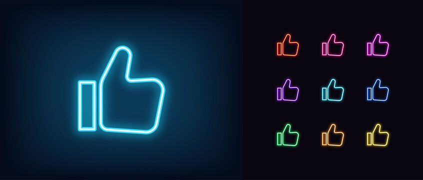 Neon thumb up icon. Glowing neon like sign, outline approving hand pictogram