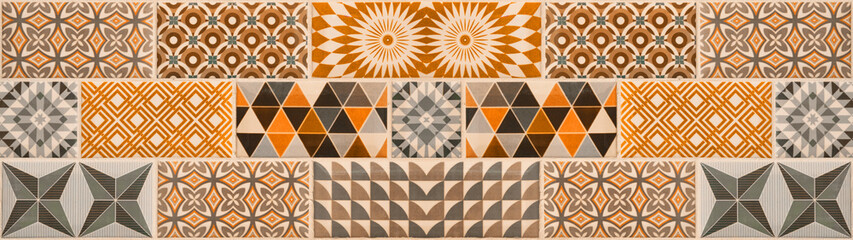 Aufkleber - Orange white gray vintage retro geometric square mosaic motif cement tiles texture background banner panorama.