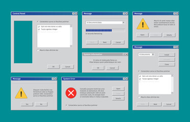 Wall Mural - old web ui. retro windows user interface alert boxes pop up tabs explorer window garish vector templ
