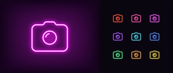 Wall Mural - Neon photo camera icon. Glowing neon camera sign, outline photo shooting pictogram