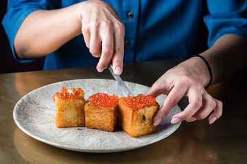 Poster - toasts with red caviar, foie gras ganache and fried brioche with red caviar