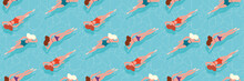 People Swimming In Water, Swimming Pool, Sea, Ocean Summer Vacation Background, Seamless Pattern, Print Design