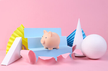 Poster - Piggy bank on stairs stand. Modern pink background with geometric shapes. Minmalism. Concept art