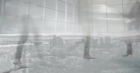 Wall Mural - Animation of business people walking in fast pace in modern office over cityscape