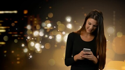 Canvas Print - Animation of woman using smartphone over spots of light and cityscape