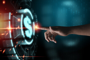 Sticker - Businessman hand touching to virtual and infographic of US dollar sign on blue background, USD is the main currency exchange in the world.