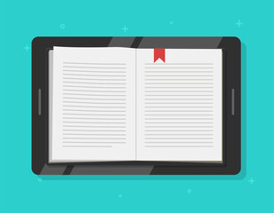 Wall Mural - digital tablet with book or ebook reading on mobile computer screen vector flat cartoon illustration