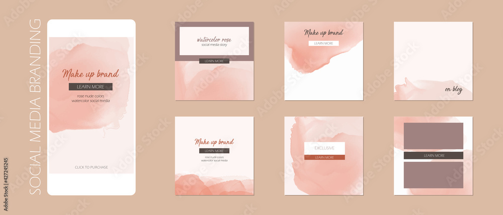 minimal abstract Instagram social media story post feed background, web banner template. pink nude pastel watercolor vector texture frame mock up. for beauty, jewelry, cosmetics, care, wedding, makeup - obrazy, fototapety, plakaty 