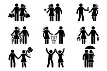 Stick Figure Couple Man, Woman, Male, Female, Boy, Girl, Spending Time. Shopping, Dating, Giving Present, Riding Bike, Standing With Balloons, Dancing, Hiding Under Umbrella Icon Vector Pictogram