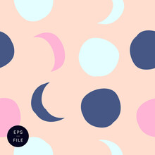 Cute Hand Drawn Universe Full Moon Crescent Cosmos Sun Seamless Pattern Editable Vector. Round Lunar Shapes Design Sea Fog Green Blue Pink Origami Wrapping Paper Pretty Nursery Wallpaper Arty Textile