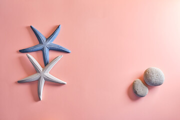 starfish and rocks on pink pastel background 