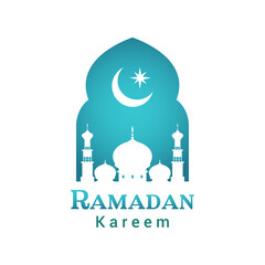 Sticker - Ramadan Kareem logo greeting card vector. Mosque view inside islamic door