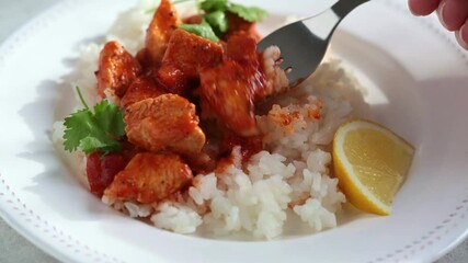 Wall Mural - Eating fried chicken in tomato sauce with rice on white plate.