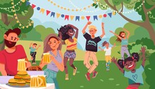 People On Garden Party. Drinking Couple, Retro Dancing Family Evening With Drink. Outdoor Dance On Backyard With Barbecue Vector Illustration