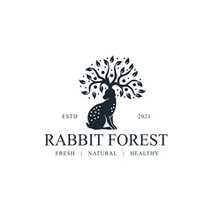 Rabbit Forest Logo Design Inspiration - Isolated vector Illustration on white background - Creative logo, icon, symbol, sticker, emblem, badge - Rabbit and Beauty Tree Combination