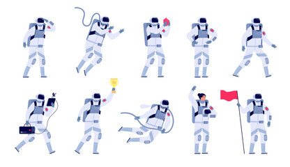 Astronaut characters. Cosmonaut motion work, astronauts with helmet and flag. Space suit, isolated spaceman flying to planets utter vector set