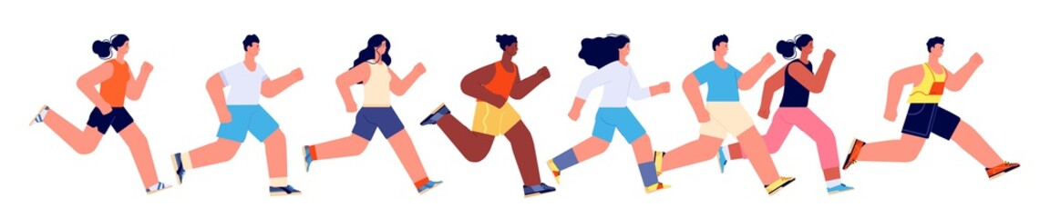 Wall Mural - People running marathon. Woman jogging summer, sport athletes or runner. Flat athletic men women, isolated active race utter vector characters