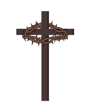 Cross With Thorn Crown Icon. Clipart Image Isolated On White Background