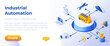 Industrial Automation - Isometric Design in Trendy Colors Isometrical Icons on Blue Background. Banner Layout Template for Website Development