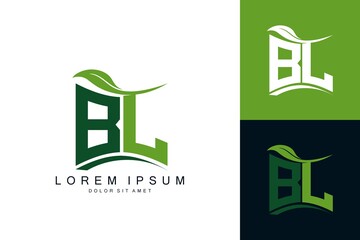 BL logo monogram with green leaf nature organic bio curved shape premium vector design template