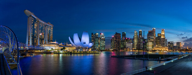 Super wide image of Singapore Marina Bay Area at magic hour.	