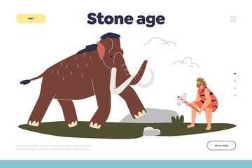 Wall Mural - Stone age concept of landing page with caveman hunter fighting with mammoth