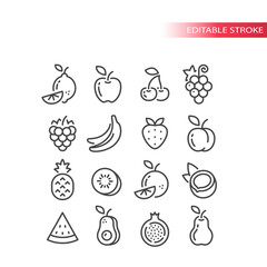 Fruit line vector icon set. Apple, banana, lemon, pineapple outline fruits, editable stroke.