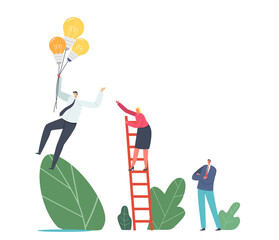 Wall Mural - competitive advantages. female business character climbing ladder chase businessman flying on light 