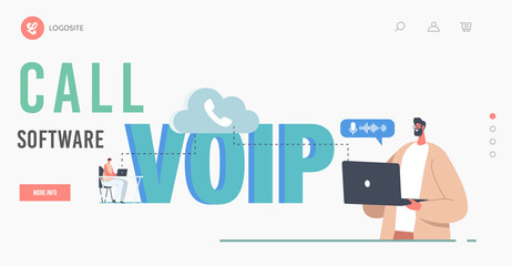Wall Mural - voip, voice over ip technology landing page template. characters use wireless phone connection. tele