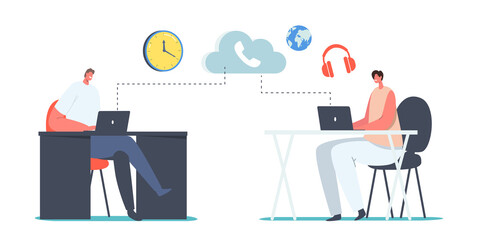 Wall Mural - characters use ip telephony sitting at office desks. voip, voice over ip telecommunication system, w