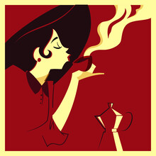 Retro Illustration - Vintage Elegant Woman Drinking Coffee