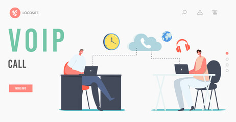 Wall Mural - voip technology, voice over ip telecommunication landing page template. characters use ip sitting at