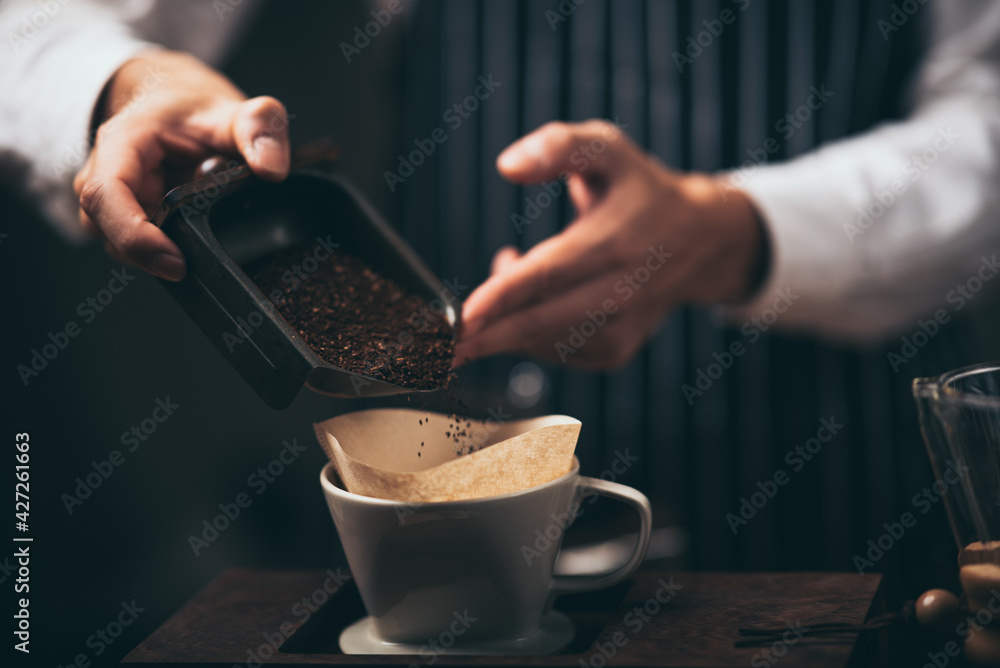 professional barista making coffee at cafes in the morning, hot drink espresso in cup, beverage brew coffeemaker, coffee shop with barista in vintage style - obrazy, fototapety, plakaty 