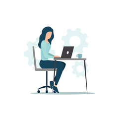 Sticker - Office work concept. Colored flat vector illustration of home workplace. A woman with a laptop works sitting behind a desk.