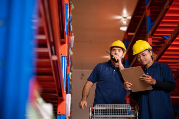 Wall Mural - worker person working in warehouse, logistic transportation shipping industry storage, box , pallet shelf, business distribution job working in store, storehouse and good stock factory concept