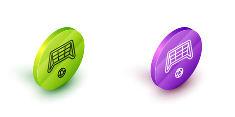 Isometric line Soccer goal with ball icon isolated on white background. Green and purple circle buttons. Vector