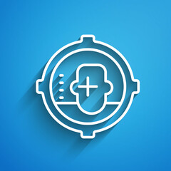 Poster - White line Headshot icon isolated on blue background. Sniper and marksman is shooting on the head of man, lethal attack, assault and assassination. Long shadow. Vector