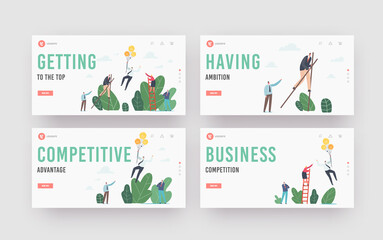 Wall Mural - competitive advantage landing page template set. characters walking on stilts, climbing ladder and f