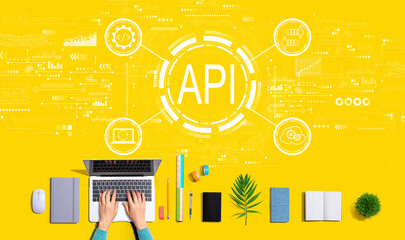 api - application programming interface concept with person using a laptop