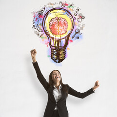 Poster - Good idea and profit startup concept with happy businesswoman on white background and sketch of light bulb and brain