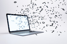 Laptop With Multipe Particles Flow Coming Out From The Glowing White Screen On A White Background, Corner View. Data And Information Concept