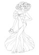 Vector drawn slender sexy young woman on the podium for fashion show. Top model in an long elegant evening dress with a large bow on the red carpet, walking along runway. Fashion illustration 
