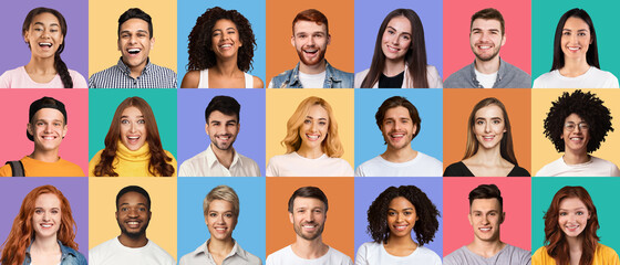 collage of diverse happy people expressing positive emotions