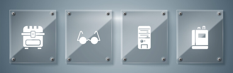 Poster - Set Book, Computer, Eyeglasses and Antique treasure chest. Square glass panels. Vector