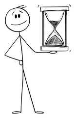 Poster - Smiling Man or Businessman Holding Hourglass or Sandglass, Vector Cartoon Stick Figure Illustration