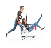 3d Cartoon Man Pushing Woman Inside Shopping Cart