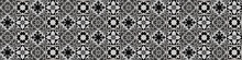 Seamless Black White Vintage Retro Geometric Square Mosaic Flower Leaf Ornate Motif Cement Tiles Wall Texture Background Banner Panorama