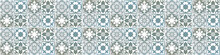 Seamless Blue Gray White Vintage Retro Geometric Square Mosaic Flower Leaf Ornate Motif Cement Tiles Wall Texture Background Banner Panorama