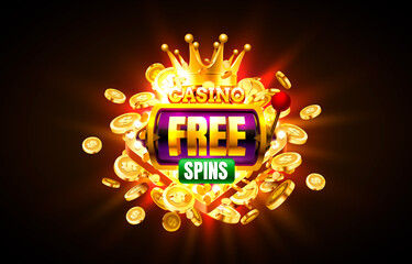 Wall Mural - Casino free spin 777 label frame, golden banner, border winner, Vegas game. Vector