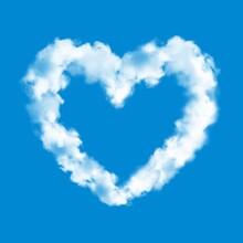 Heart Cloud On Blue Sky Background Realistic Vector Of Love And Valentine Day. Heart Shaped White Fluffy Clouds, Airplane Smoke, Plane Trail Or Contrail, Steam Or Fog Air, Romantic Holiday Or Wedding
